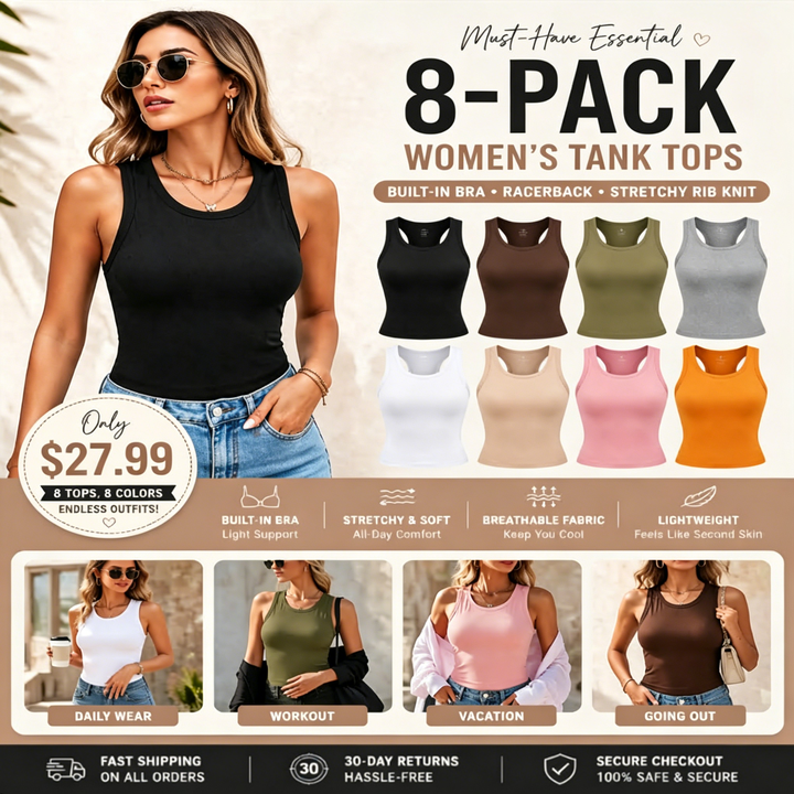 This Week's Special Price🍃Round Neck Built-in Bra Ribbed Tank Top Fit Casual Comfortable💥