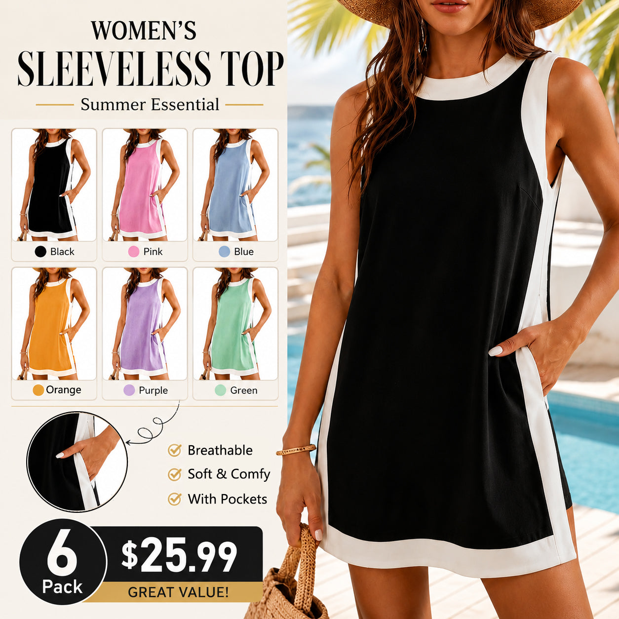 📢📢Summer Sale ⏰Women's Casual Color Block Sleeveless Tops Matching Shorts